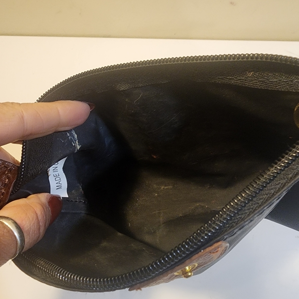 Black Nylon Cosmetic Pouch with Brown Leather Trim - Picture 3 of 10